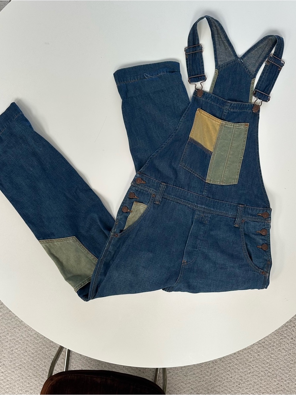 We the Free Dark Wash Denim Green & Yellow Patchwork Overalls XS